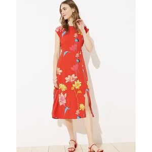 LOFT Dress Womens 00P Poppy Red Lily Floral Midi Tropical Cap Sleeve Side Slit